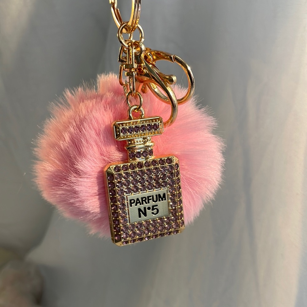 NEW PINK Pom with Rhinestone perfume charm luxury style keychain Barbie